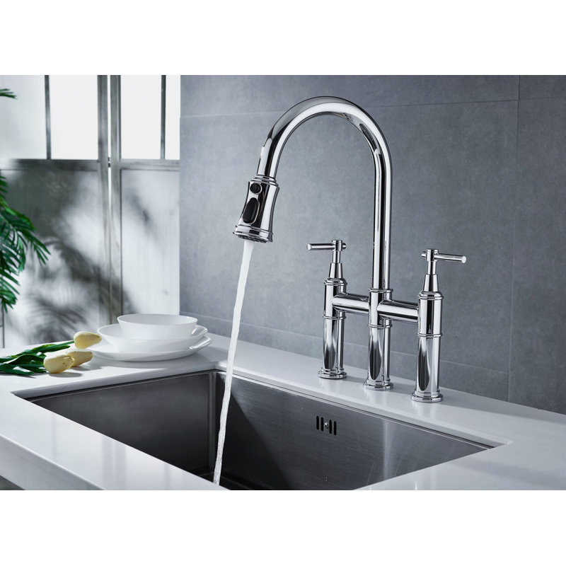 Robinet de cuisine Bridge avec douchette extractible encastrée, Chrome