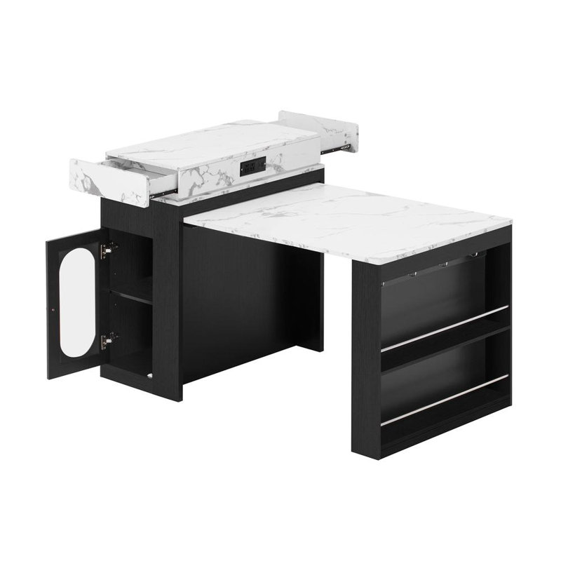Extendable Dining Table with Folding Tabletop, White Marble/Black
