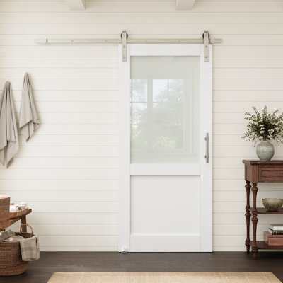 36" x 80" White Primed Prefinished Half-Lite Frosted Glass And Solid Core Standard Slab Door With Nickel Barn Door Hardware Kit For Pantry