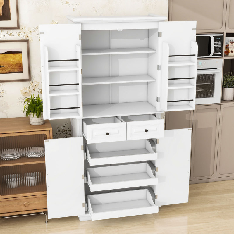 Grand garde-manger avec 3 organisateurs coulissants, 6 tablettes de porte, 2 tiroirs et tablettes réglables, Blanc