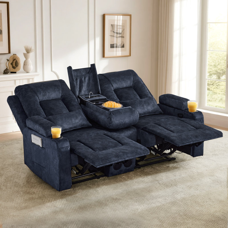 Manual Reclining Loveseat Sofa With Flip-Top Center Console, Charging Ports, Bluetooth Speakers And Cup Holders, Blue