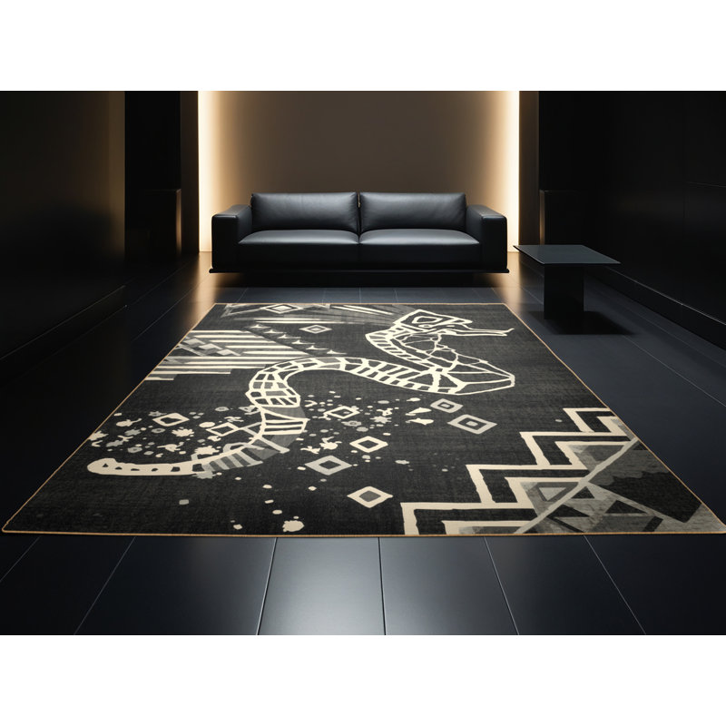 Tapis gris d'inspiration mondiale Titus Quetzalcoatl lavable à la machine - reliure brun clair, 3 X 5