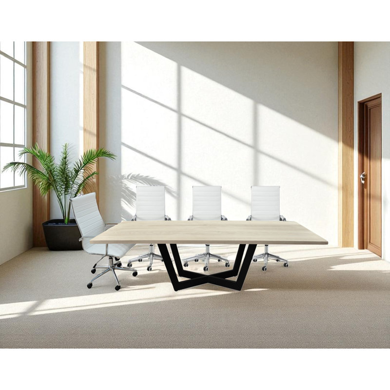 Ziran 84" Solid White Oak Rectangular Conference Table Set With 8 White Office Chairs, White