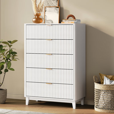 Dorcus 31.5'' W 5-Drawer Wood Dresser with Solid Wood Legs, 46'' Tall Waveform Design White Dresser with Widen Top, Large Storage Chest of Drawers for Living Room, Hallway, Closet