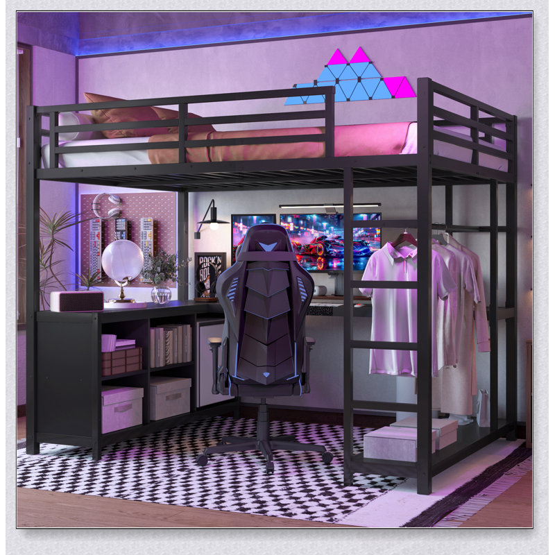 Lit mezzanine double en métal avec garde-robe, bureau en L et cubes de rangement pour enfants, adolescents et adultes, Black