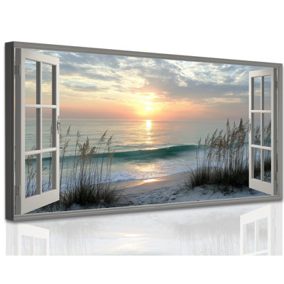  Beach Window Canvas Wall Art, Tranquil Ocean Sunrise Pictures for Living Room, Coastal Rustic Open Window Framed Painting, Calm Beach Scene Artwork Decor for Bedroom Office Summer Home, 12x24 inches