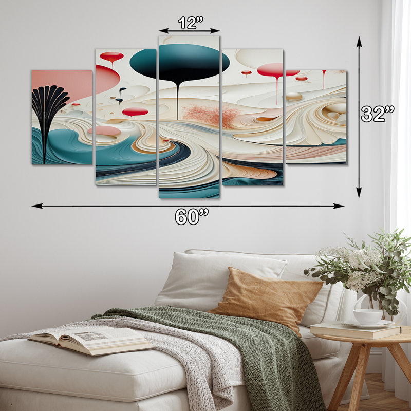 «Abstract Blue Moon Landscape In Retro Blue», reproduction d'art sur toile à spirales abstraites - 5 panneaux