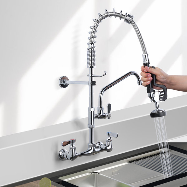 thumbnail interactive-video image 1 of IVIGA 21 In. H Commercial Wall Mount Triple Handle Pull Down Sprayer Kitchen Faucet With Pre-Rinse Sprayer In Polished Chrome VSK42C-21 - The Home Depot 1 of 12