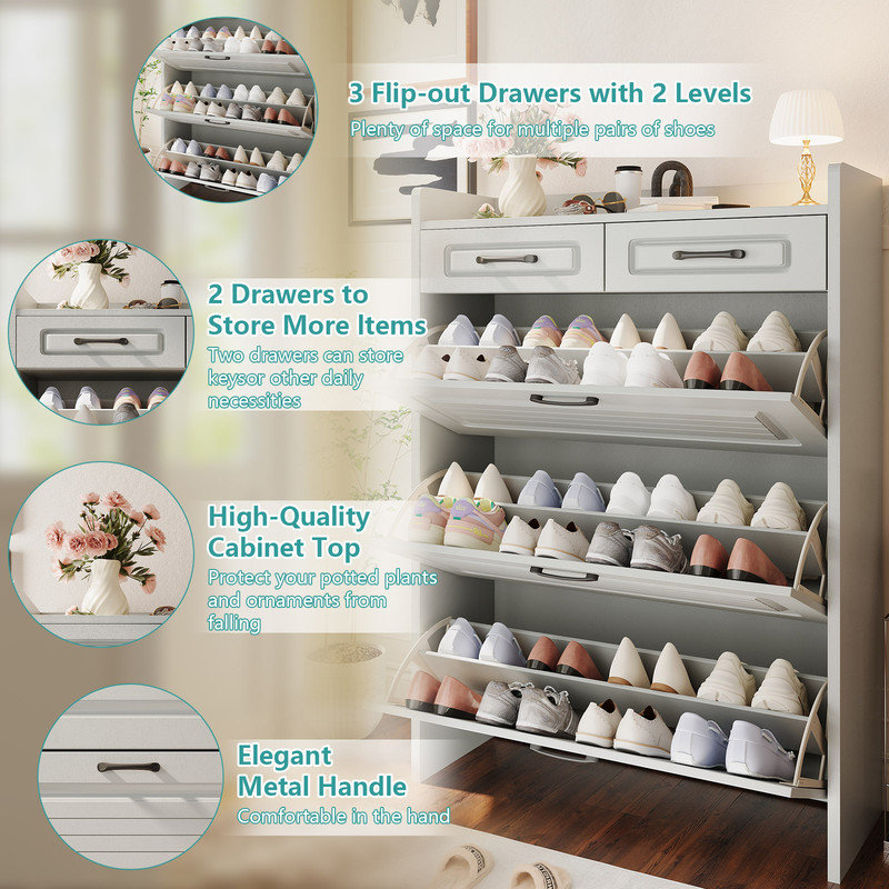 Shoe Cabinet for Entryway, Narrow Shoe Storage Cabinet with 3 Flip Drawers and 2 Top Drawers, Modern Shoe Rack Organizer Cabinet for Hallway, Apartment, Living Room, White