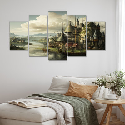 Fleuve et rivière arrivant dans un port médiéval - châteaux, art mural sur toile, 5 pièces