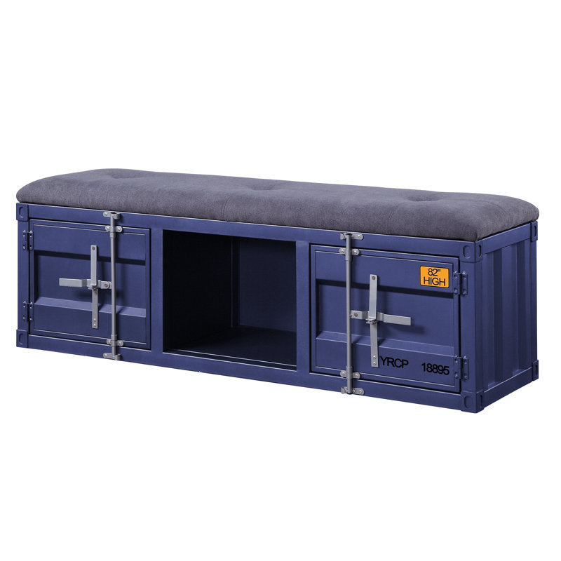 Blue Metal Storage Bench with Gray Fabric Seat