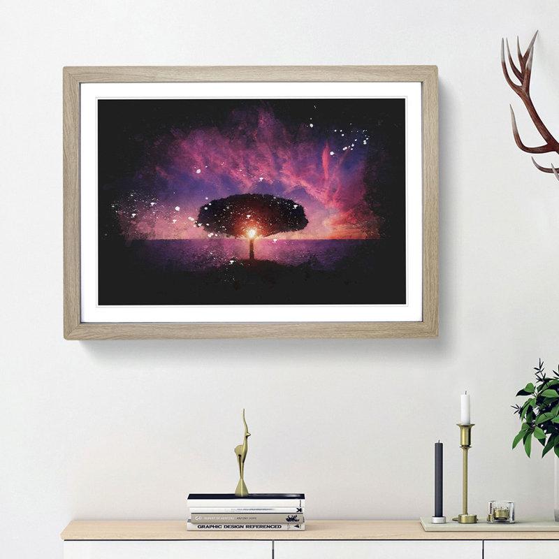Lone Tree Beneath a Purple Sunset - Picture Frame Graphic Art Print, 62cm H x 87cm W x 2cm D, Oak Framed