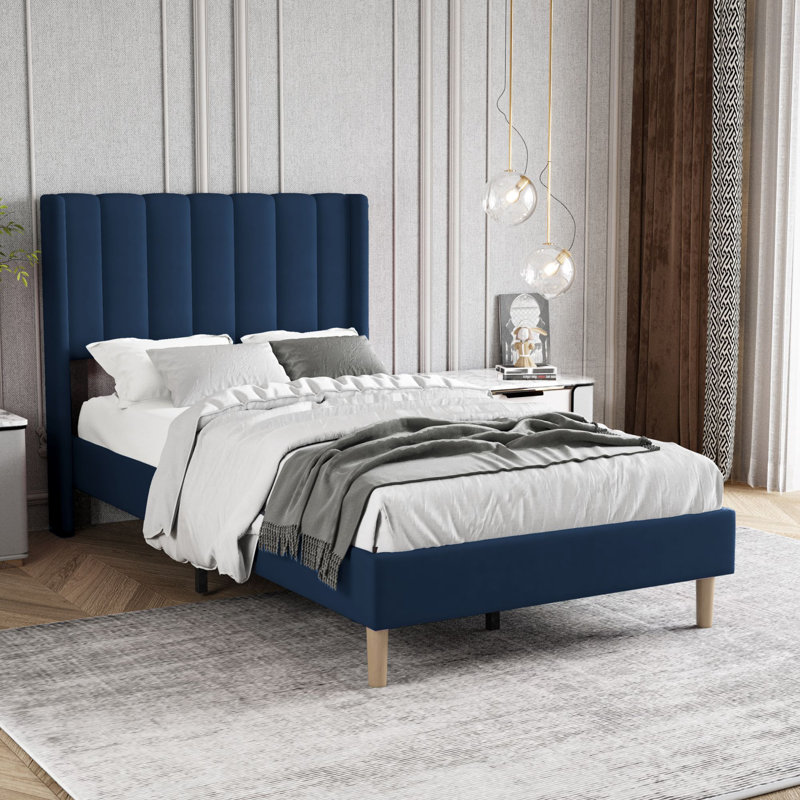 Lit plateforme tapissier, Simple, Bleu