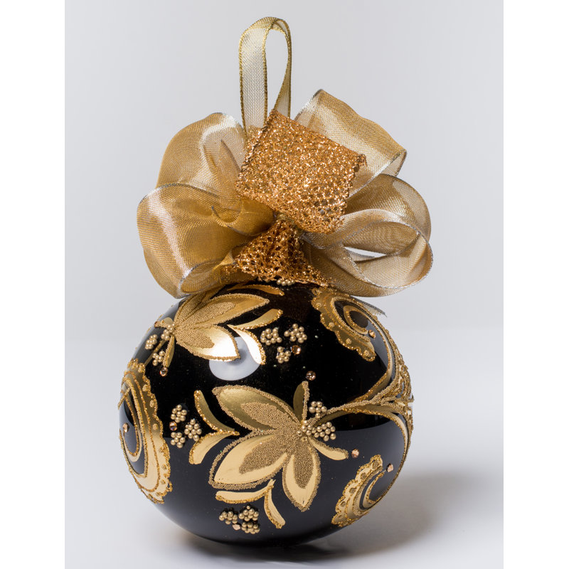 6'' Handmade Glass Plants & Flowers Ball Ornament, Black 