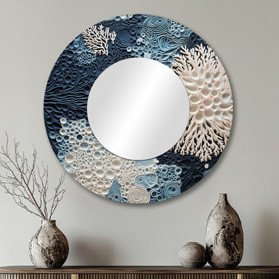 Under Water Blue And White Corals Collage - Coastal Unique Mirror, Coastal Large Round Wall Mirror, Printed Metal Art