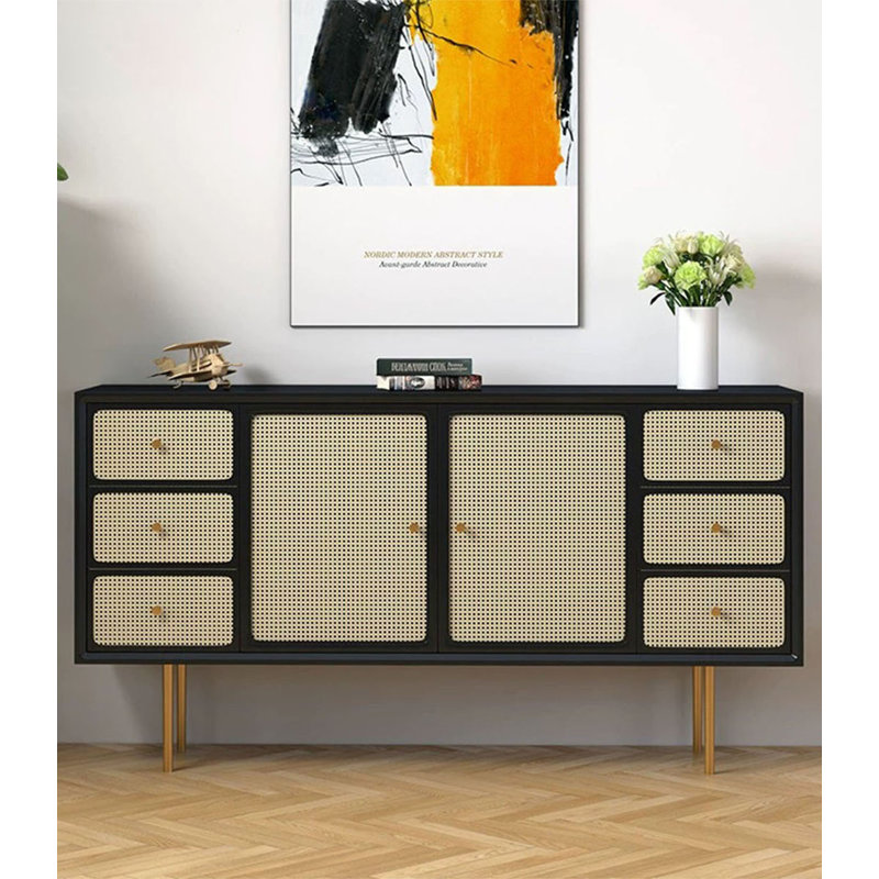 Buffet en bois massif et en rotin de style scandinave, H 31,5 po x l 63 po x P 15,7 po, Noir
