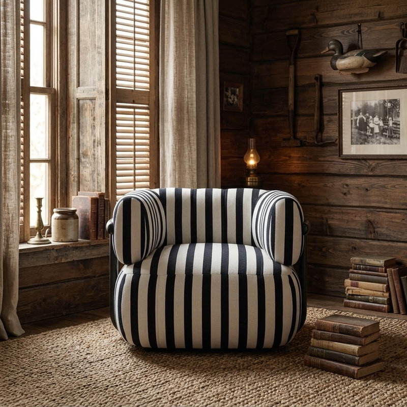 Fauteuil demi-tonneau rayé avec dossier fixe et accoudoirs