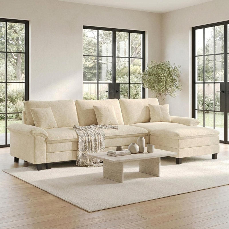 123'' Cloud Modular Couch Sofa, Oversized 3 Seat Comfy Sofa For Living Room, Sectional Couches With Ottoman, Detachable Seat Cushion & Backrest Cover, Chenille Fabric Beige