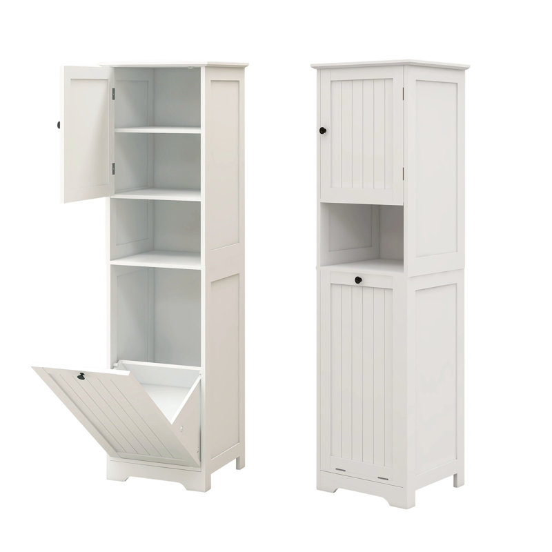 Grande armoire à linge de salle de bain blanche, rangement autoportant avec tablette ouverte et portes