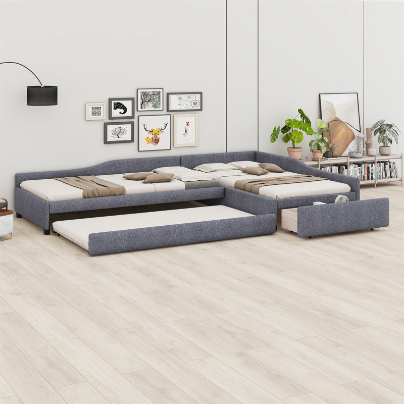 Upholstered Double Daybed With Trundle And Drawer, Gray
