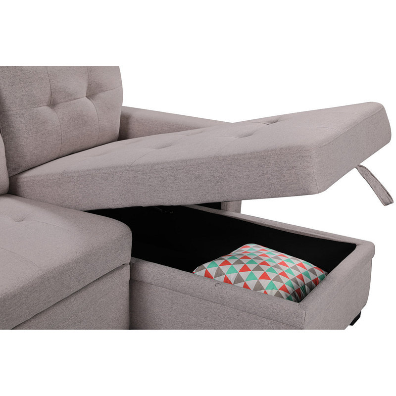 Ashlyn 84" Light Gray Reversible Sleeper Sectional Sofa With Storage Chaise, USB Charging Ports And Pocket, Light Gray Linen