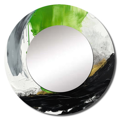 Qiwen Green And Black Geometric Enchantment I - Marble Decorative Mirror, Green Round Wall Mirror, Printed Metal Art