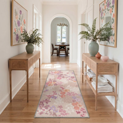 Machine Washable Floral Pink / Ivory Runner With Non-Slip Backing