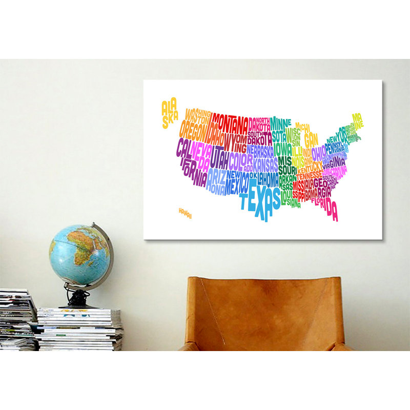 « (states) map typographique » par michael tompsett, art textuel sur toile, H 8 po x l 12 po x P 0,75 po, Toile tendue