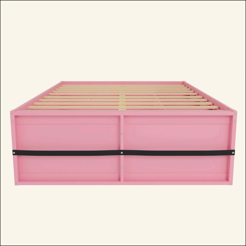 Lit plateforme en bois avec bibliothèque, vitrine, lumière DEL et tiroir, Grand lit, Rose/Blanc