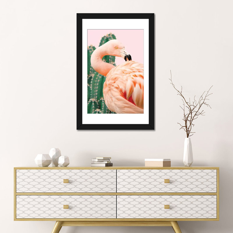 «Flamingo and Cactus», impression sur toile, H 32 po x l 24 po x P 1 po, Papier d'art encadré noir, Blanc