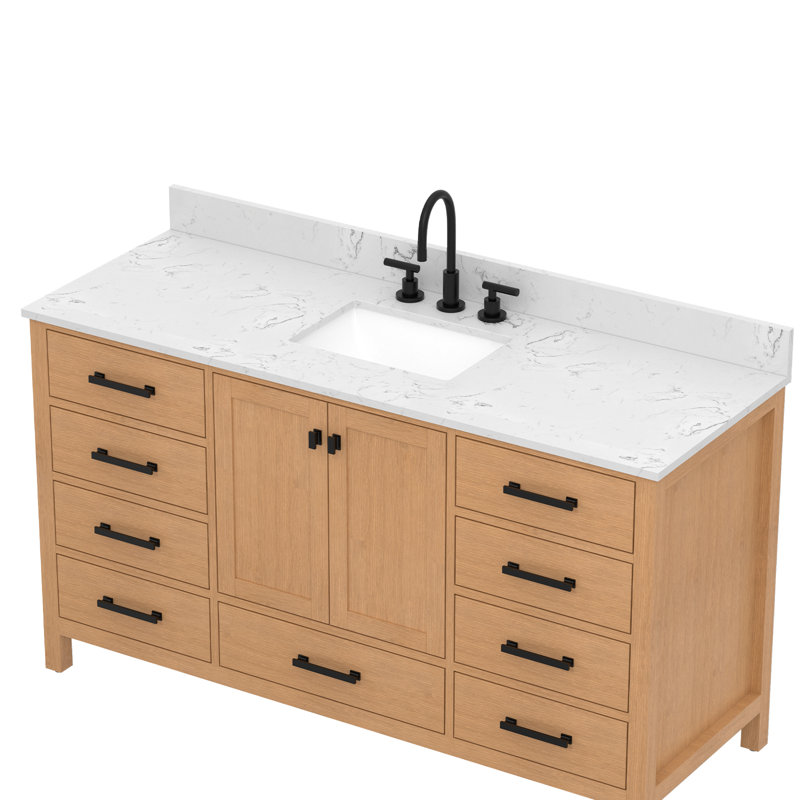 60" Solid Wood Freestanding Bathroom Vanity With Engineered Stone Top, Natural Wood, Matte Black