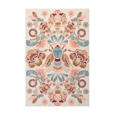 Beige Pastel Colored Botanical-Themed Multi-Colored Woven Base Rug