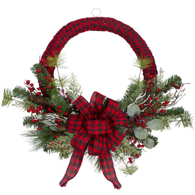 Red and Black Buffalo Plaid and Berry Artificial Christmas Wreath - 24-Inch Unlit