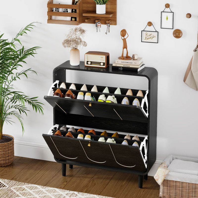 Narrow Shoe Storage Cabinet With 2 Flip Drawers, Curved Shoe Cabinet For Hallway, Freestanding Shoe Organizer, Black