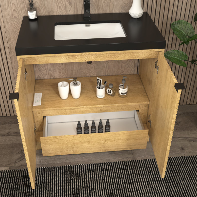 Monterey 35.4" Freestanding Bathroom Vanity + Reinforced Black Acrylic Sink, Oak