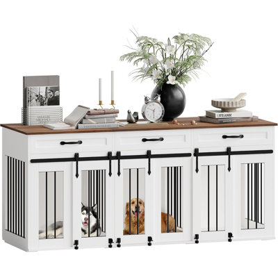 Grande cage de 71 po pour 2 chiens avec 3 tiroirs, chenil d'intérieur robuste et meuble télé pour chiens de taille moyenne 71 po