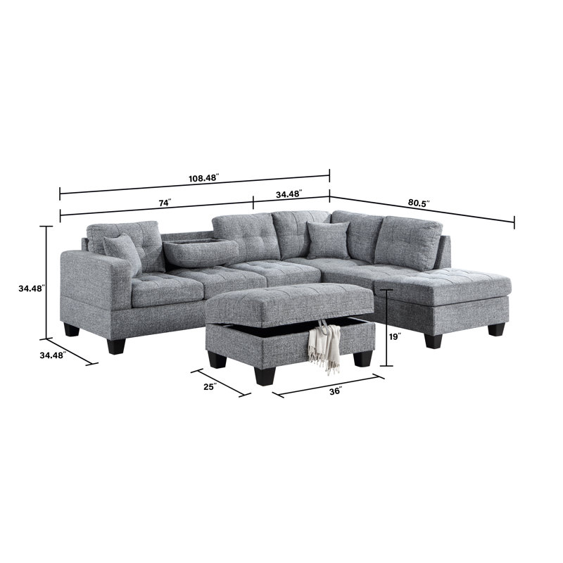 Azruddin Reversible Sectional Sofa with Storage Ottoman