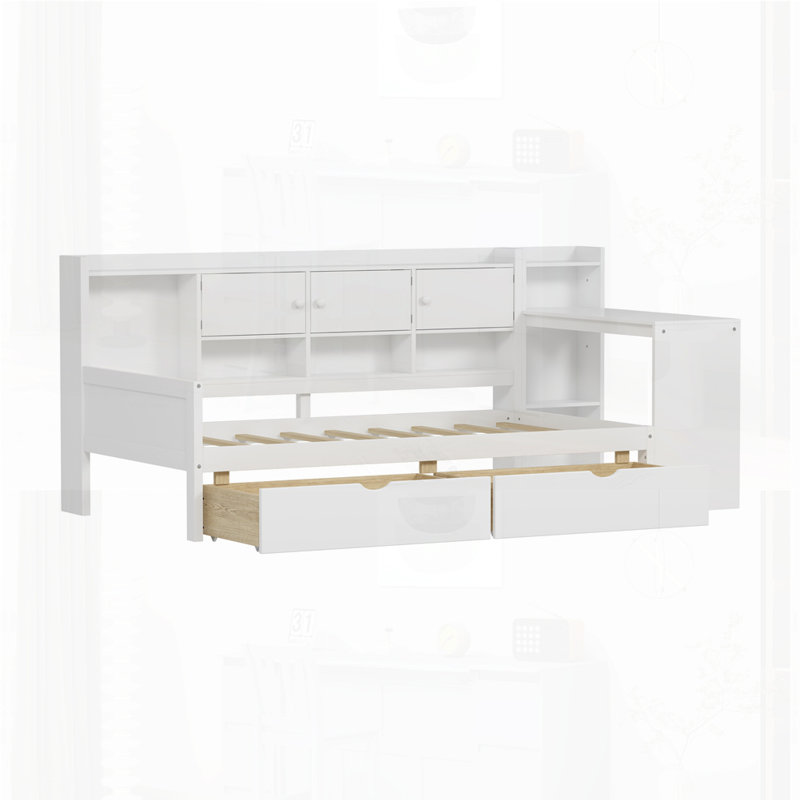 Multi-functional Bed with Study Desk and Built-in Bookshelf, Twin, White
