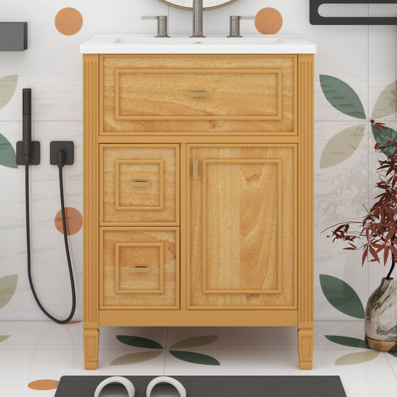 Meuble-lavabo 24 po avec lavabo, meuble-lavabo simple avec 1 tiroir rabattable, 2 tiroirs et tablette réglable, Bois