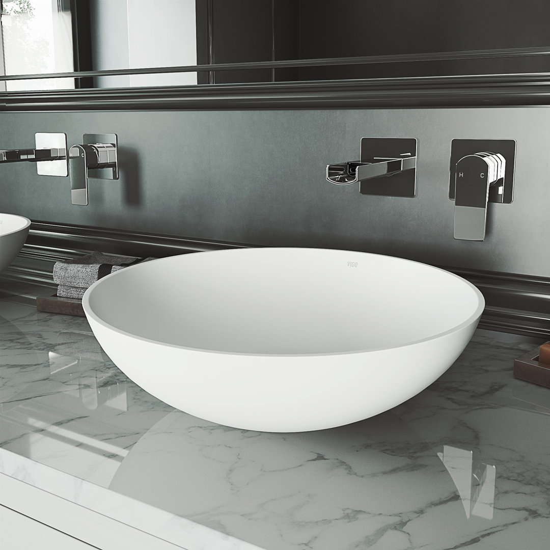 Lotus 16" L x 16" W x 5" H Matte White Handmade Round Vessel Bathroom Sink VIGO