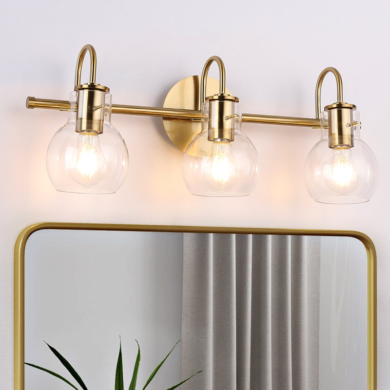 Éclairage pour meuble-lavabo avec abat-jour en verre transparent, Laiton, 3 lumières