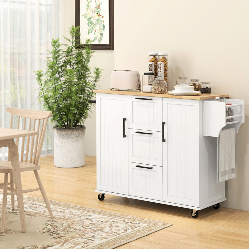 Îlot de cuisine avec abattant et capacité de rangement, 3 tiroirs, 2 armoires, plateau en bois naturel, porte-serviettes à épices, rallonge d'armoire roulante blanche, 3 espaces de rangement, 2 espaces et chariot compact