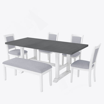 6-Piece Extendable Trestle Dining Table Set With Removable Leaf, Kitchen Table Set With Upholstered Side Chair And  Bench