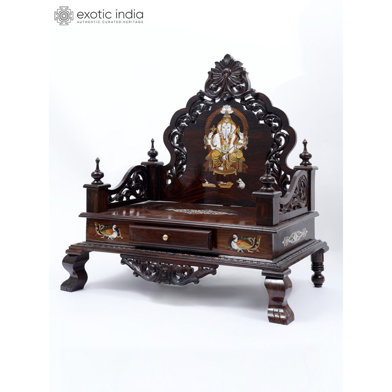 Mandasana 35 po en bois de style designer | Tiroir Pooja Mandir sculpté à la main avec incrustation de Lord Ganesha et tiroir de rangement | Autel en bois massif