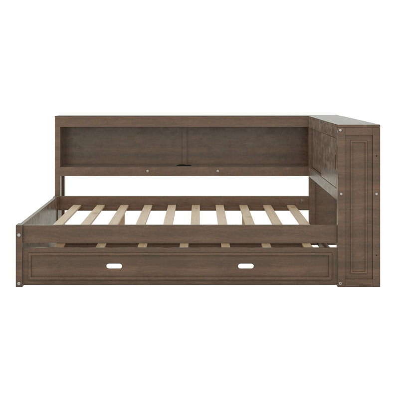 Daybed With Storage Shelves, USB, LED, And Trundle, Antique Wood