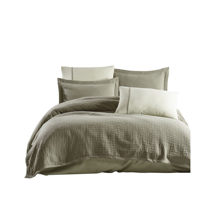 Luxurious 100% Cotton Double Bedspread Set, Green Jacquard Design | Includes 2 Pillowcases (19.7 x 27.6 in) & 2 Oxford Pillowcases (19.7 x 27.6 in) | Bed Cover & Flat Sheet: 94.5 x 102.4 in | Machine Washable, Soft & Durable
