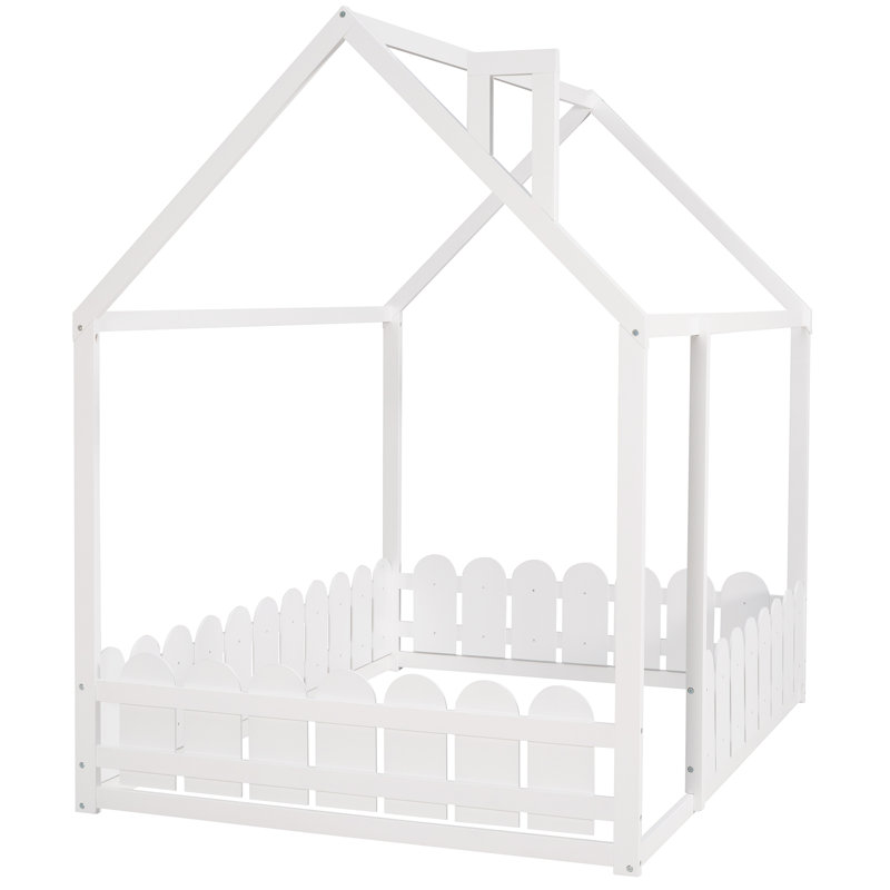 Wooden Floor House Bed Frame with Safety Fence, Silver, Twin