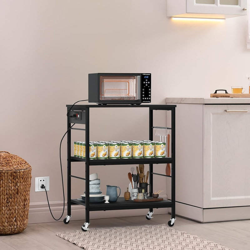 Étagère de cuisine à 3 niveaux avec prise de courant, support pour four à micro-ondes et chariot de rangement avec roues, table basse avec 10 crochets en S pour la cuisine, la salle à manger ou le bureau - noir
