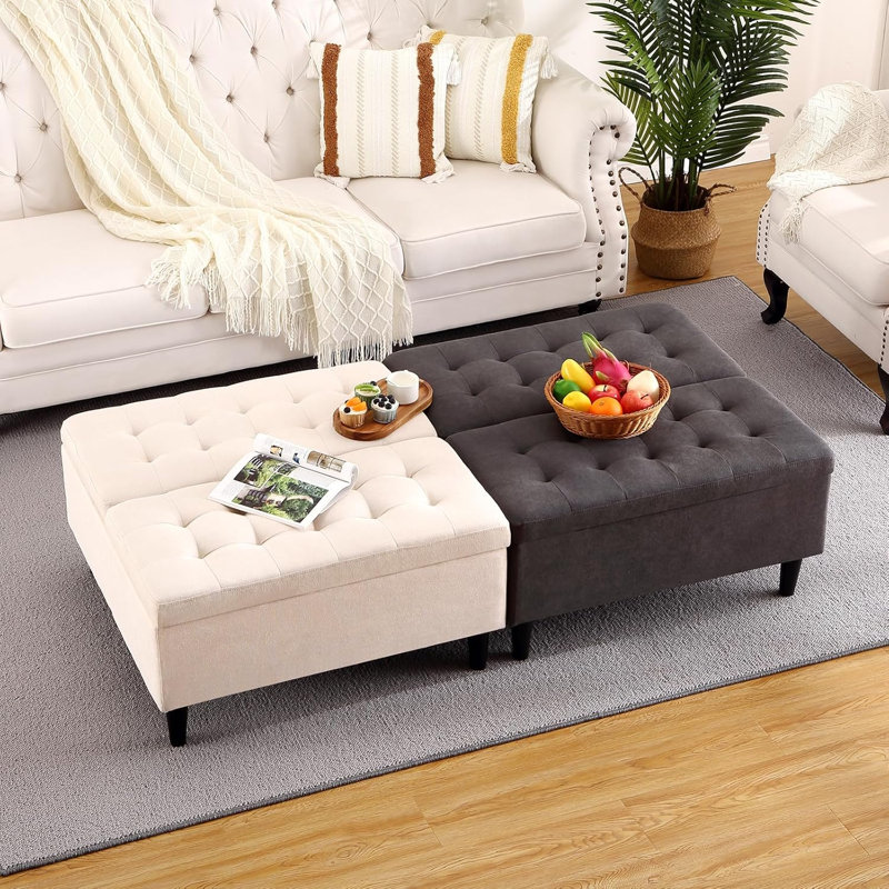 Grand repose-pieds carré 33 po avec rangement, table basse à plateau relevable rembourré capitonné en velours surdimensionné avec repose-pieds, coffre à jouets pour le salon