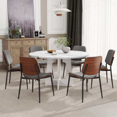 47'' Round Dining Table Set, Farmhouse Kitchen Table With Modern Faux Leather Chairs